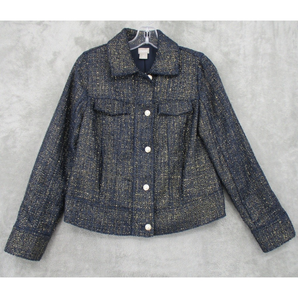 Chicos Jacket 0 US Small 4 Tweed Metallic Pearl Button Office Career Jacket Zip